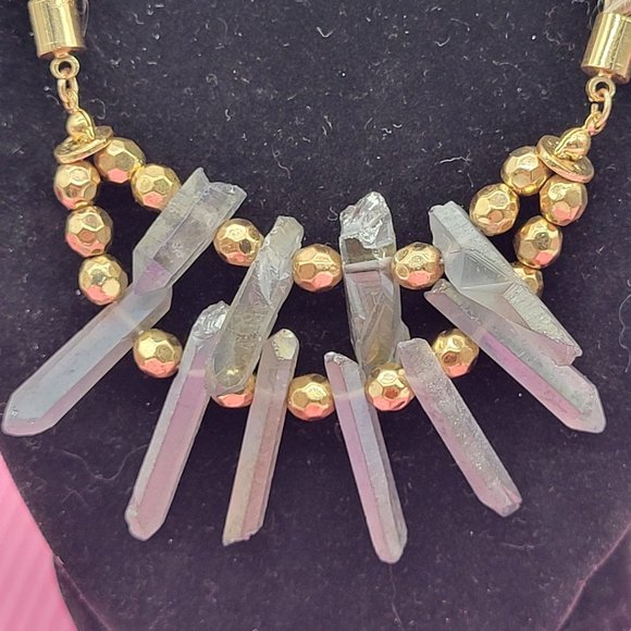 Chico's Enya Short Geo Bib Necklace Gold Tone Gems - Picture 2 of 9